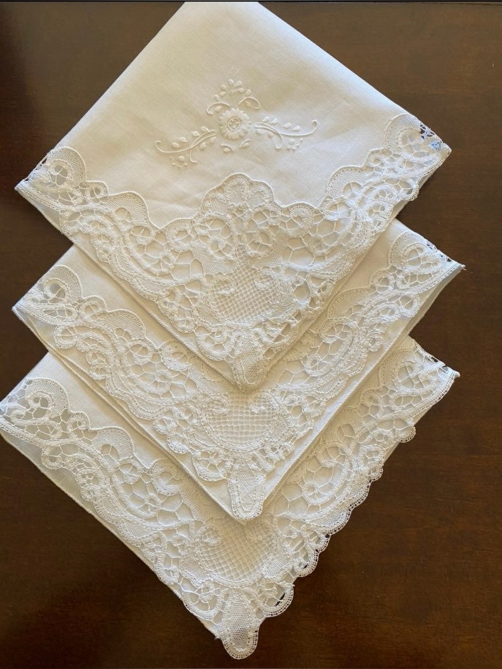 Vintage Heirloom hand Embroidered Lace-Edge White Linen Bridal Hanky